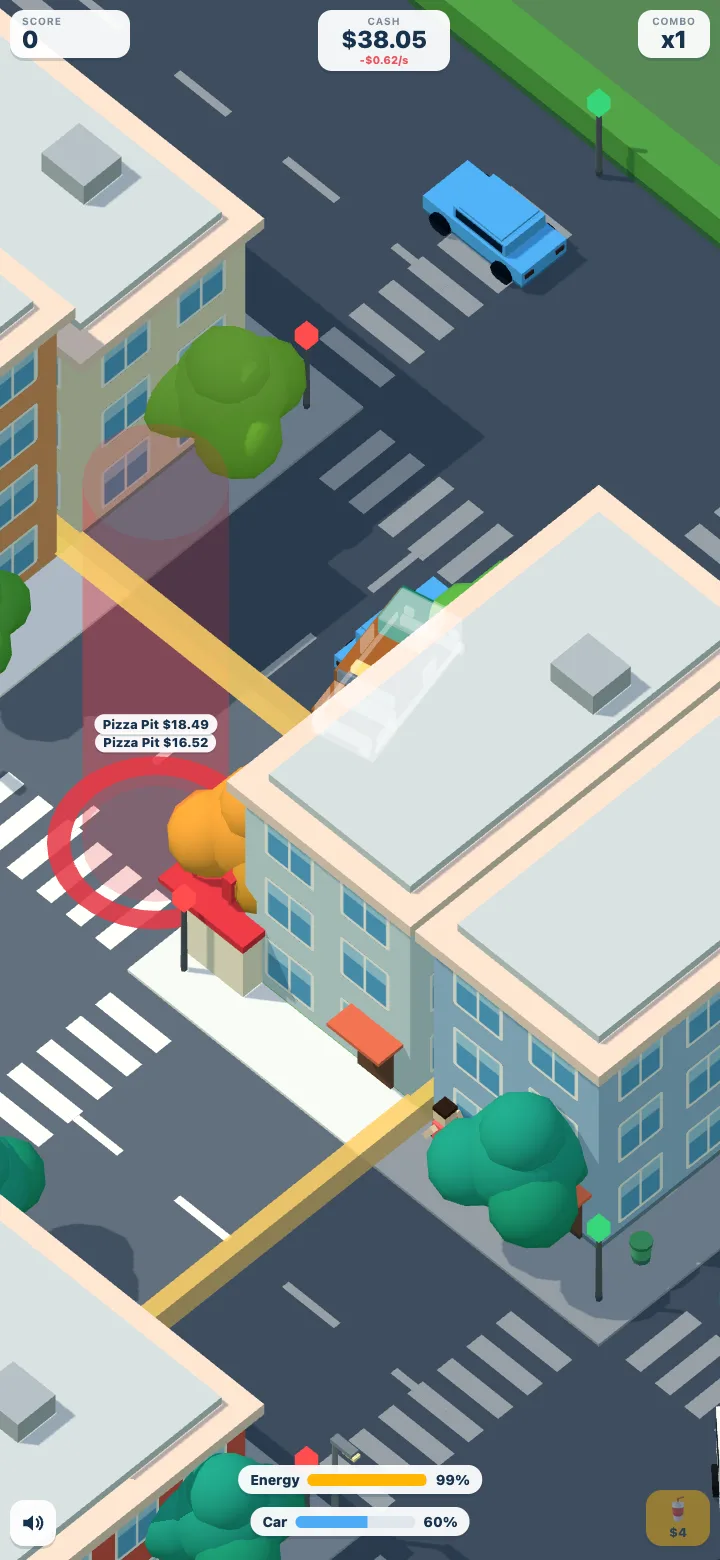 The game: an orange delivery car pulling up to a restaurant with a glowing ring and a price label, with the cash, energy and car health at the top and bottom.