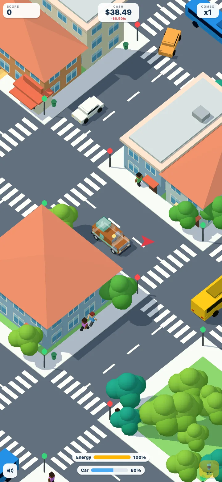 A busy toy city seen from above, the delivery car at a crossing with traffic and walkers around it and the cash counter at the top.
