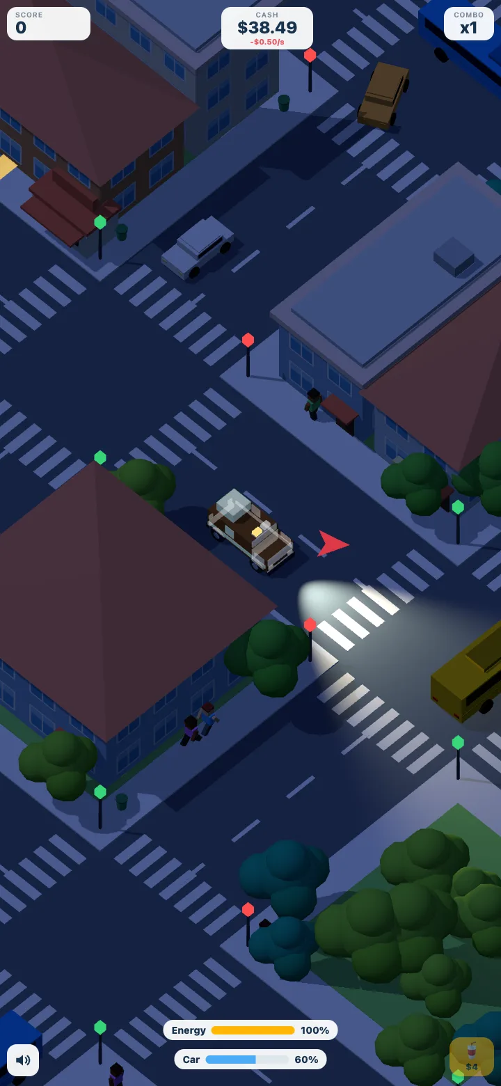 The city at night, dark blue, with the car's headlights lighting the road ahead.