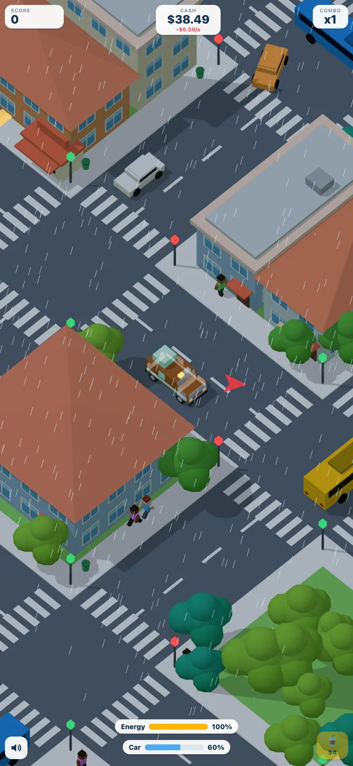 The city in the rain: streaks falling over the streets, a grey light, and the car crossing a junction.
